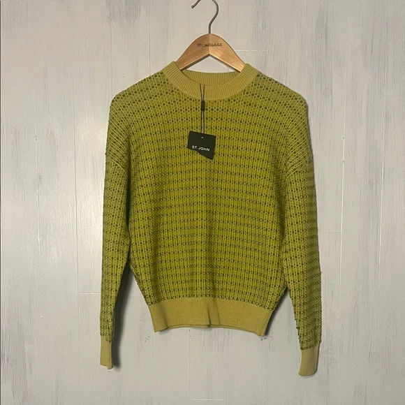 NWT St. John Bicolor‎ Textured Knit Crew Neck Sweater in Yellow/Green Size XS